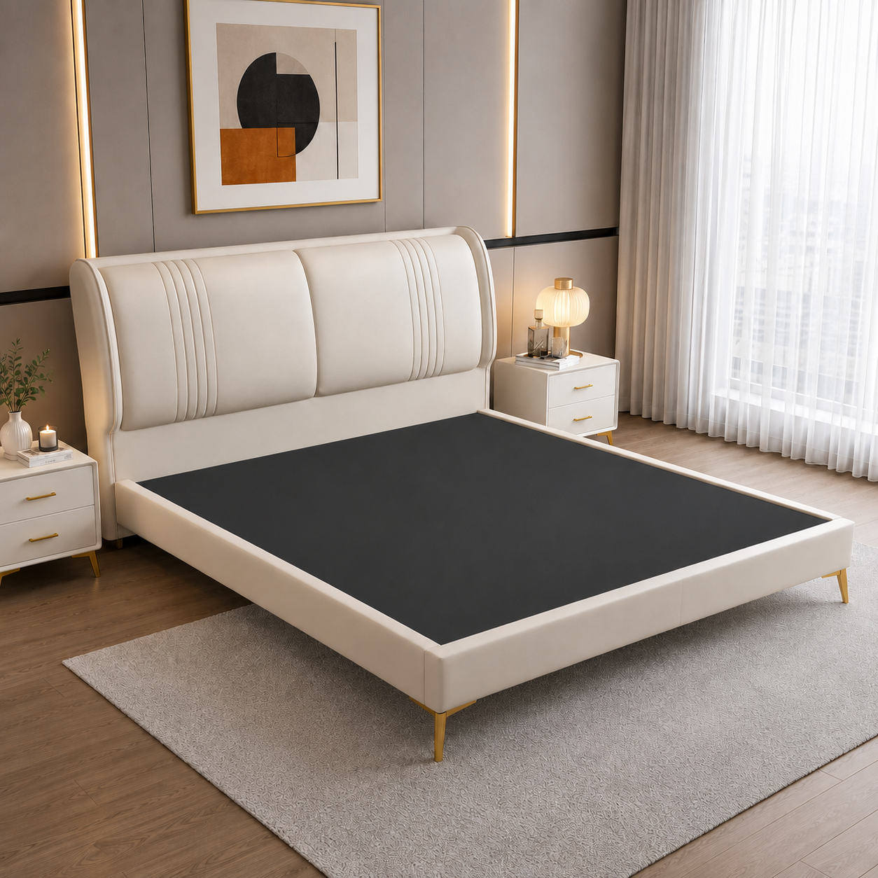 AURELIS Upholstered Fabric Wingback Bed - Ivory White - Bed View without Mattress by Febonic Living