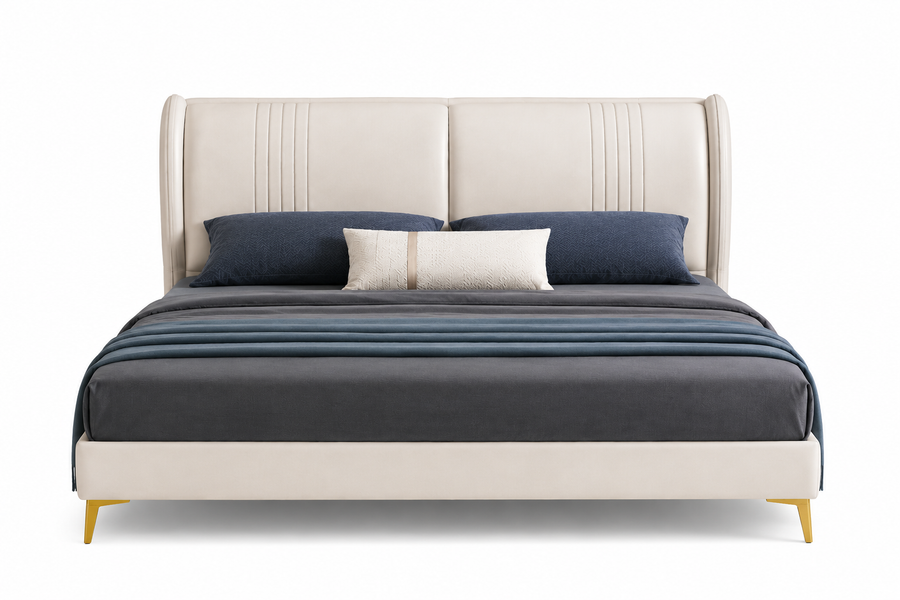 AURELIS Upholstered Fabric Wingback Bed - Ivory White - Front View by Febonic Living