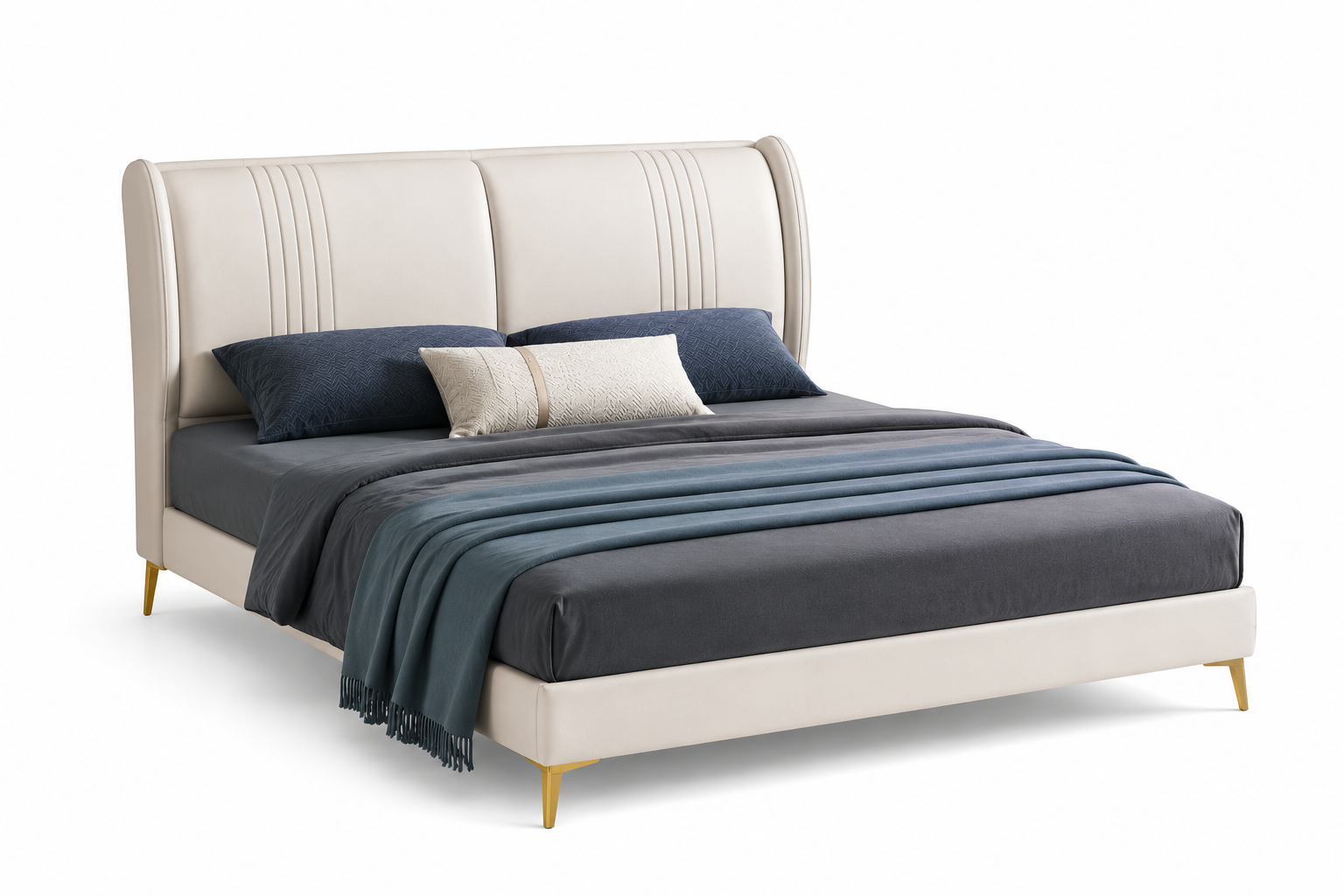 AURELIS Upholstered Fabric Wingback Bed - Ivory White - Side View by Febonic Living