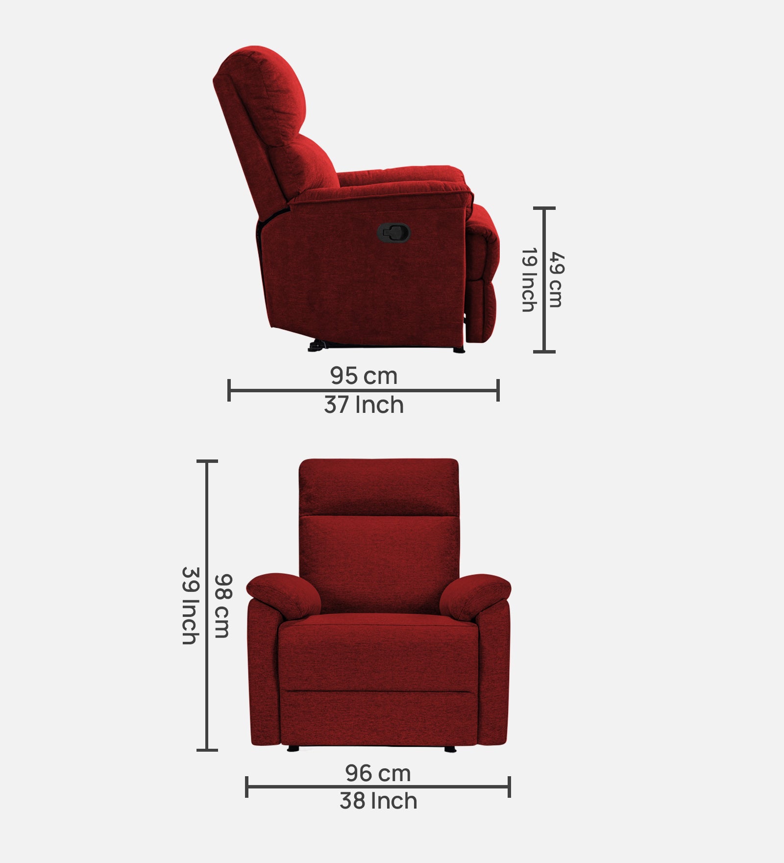Abby Fabric 1 Seater Motorized Recliner In Blood Maroon Colour - Dimensions by Febonic Living
