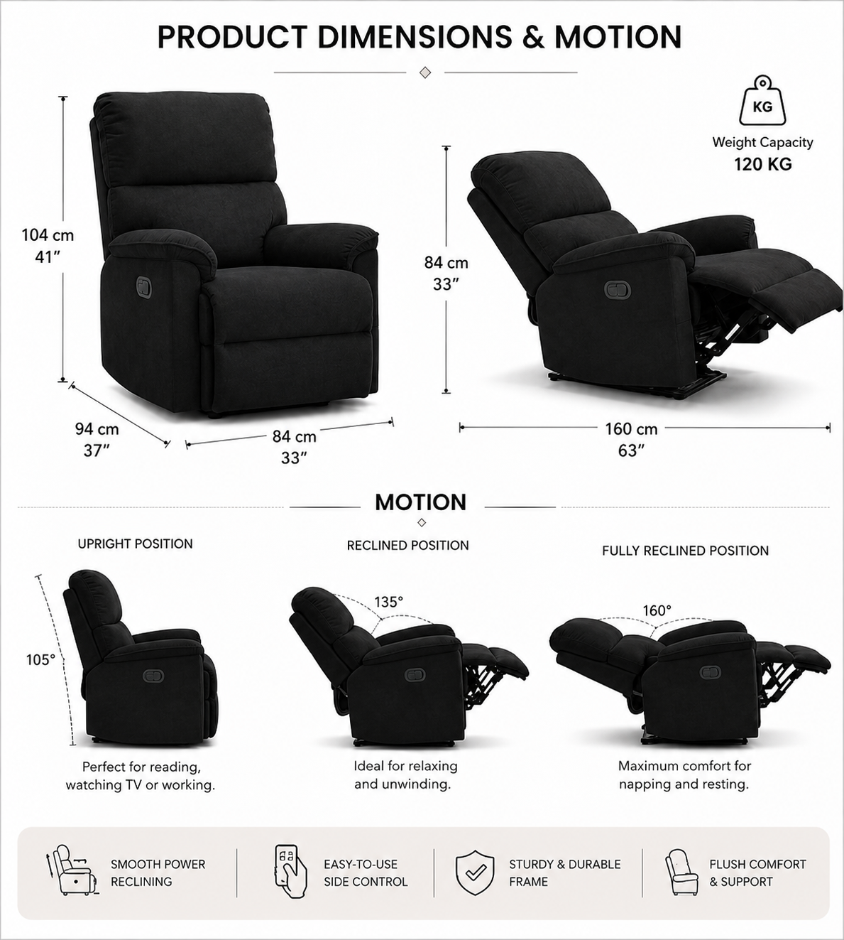 Abby 1 Seater Motorized Fabric Recliner - Zed Black - Dimensions by Febonic Living