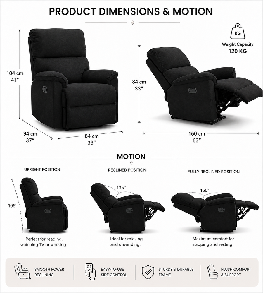 Abby 1 Seater Motorized Fabric Recliner - Zed Black - Dimensions by Febonic Living