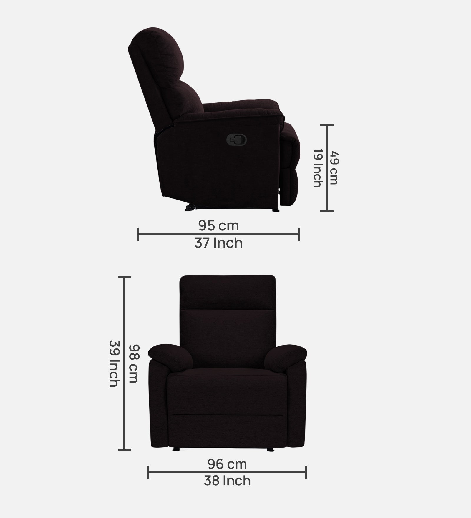 Abby Fabric 1 Seater Motorized Recliner In Cara Brown Colour - Dimensions by Febonic Living