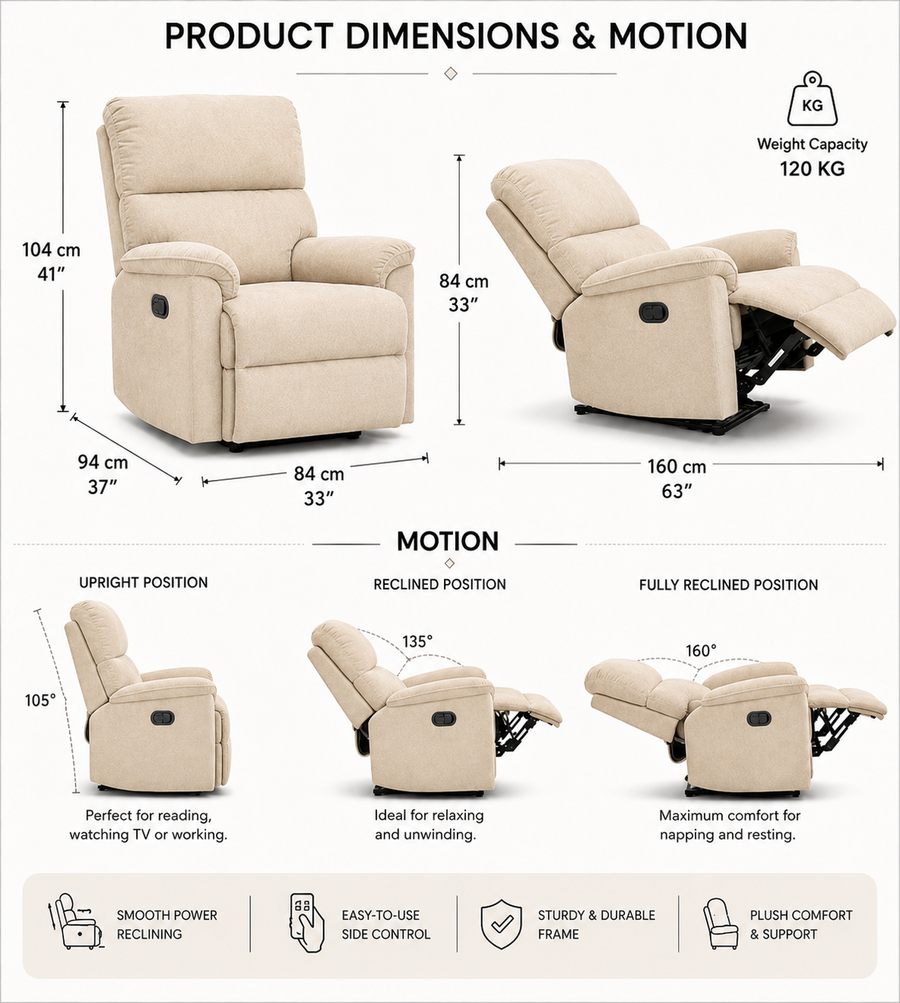 Abby Fabric 1 Seater Motorized Recliner In Ivory Cream Colour - Dimensions by Febonic Living