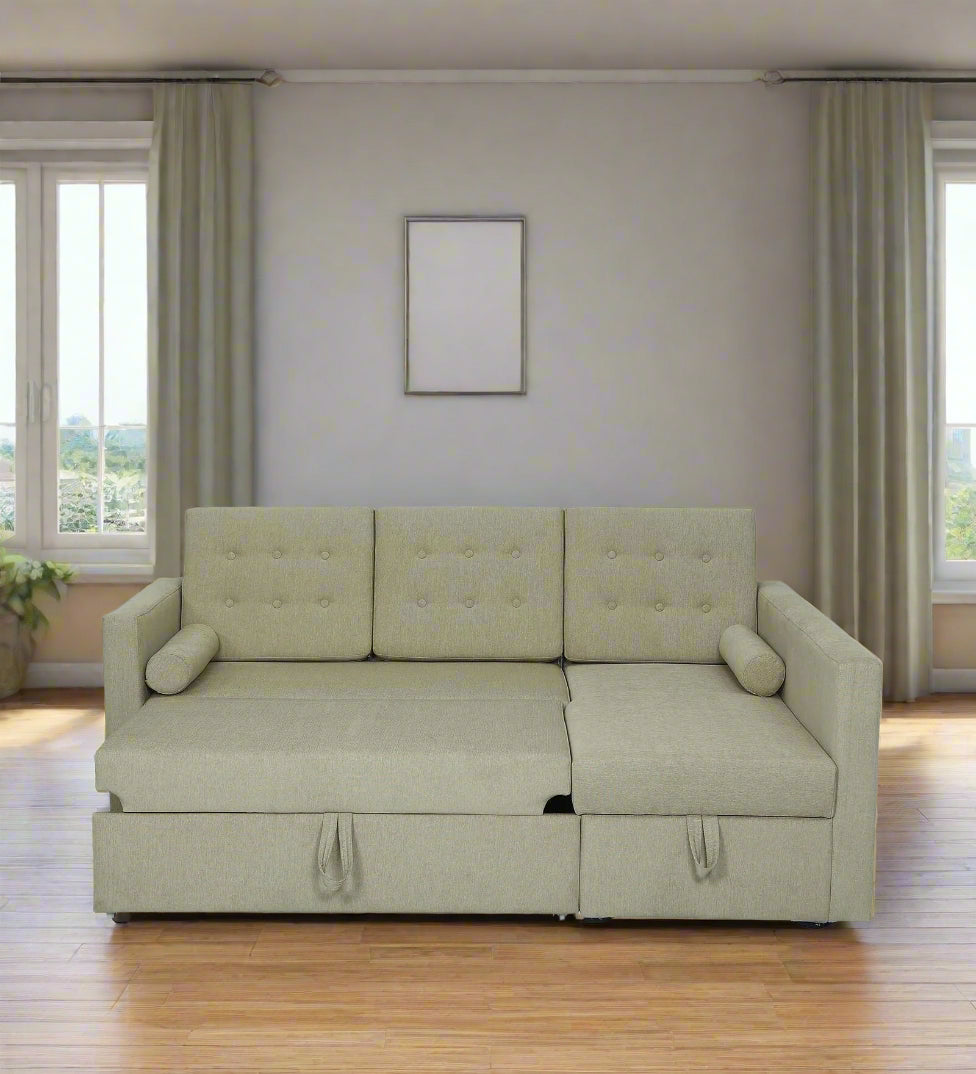 Ace 3 Seater Pull Out Cum Bed Fabric Sofa cum bed featuring a Front facing chaise and modern upholstered design- Ivory Cream by Febonic Living