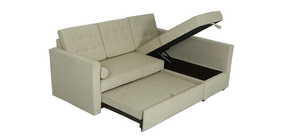 Ace Fabric 3 Seater Pull Out Sofa Cum Bed In Ivory Cream Colour showing open Storage - Febonic Living