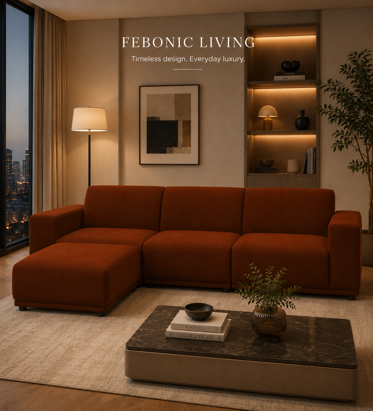 Modern living room with a brown sectional sofa, coffee table, and decorative elements. 'FEBONIC LIVING' branding visible.