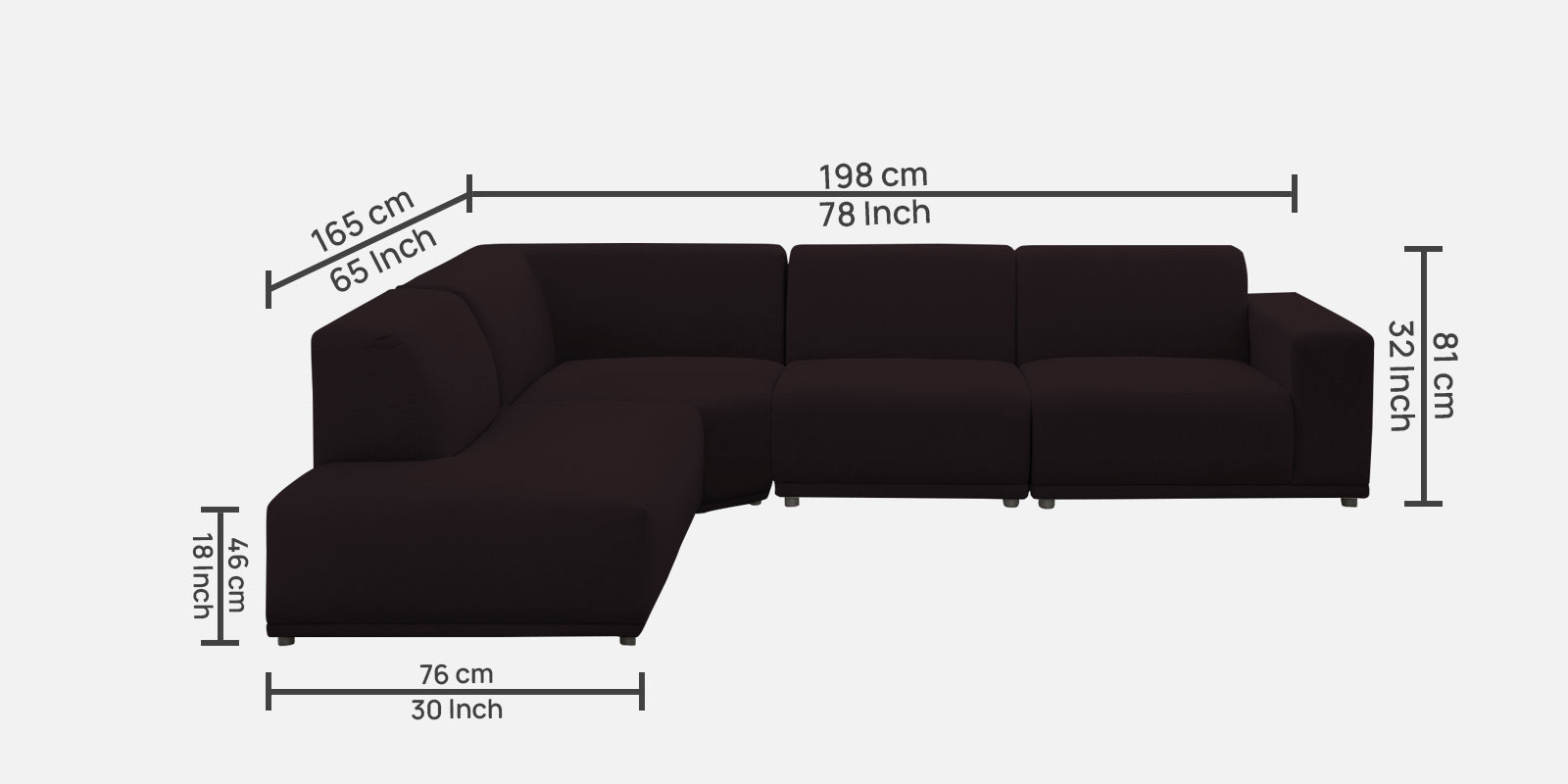 Adam LHS L-Shape Lounger Fabric Sofa - Cara Brown dimension  - Febonic Living