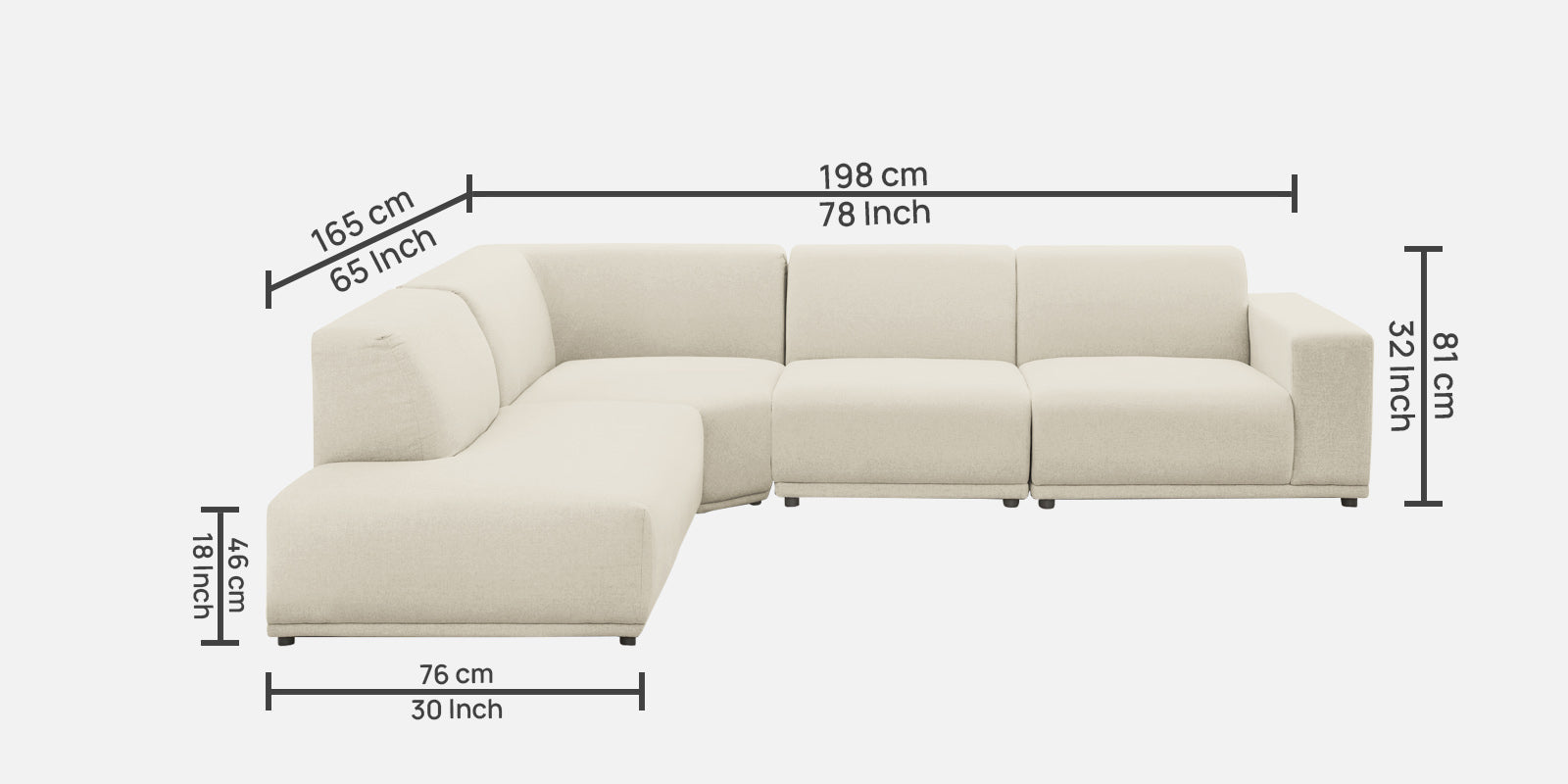 Adam LHS L Shape Lounger Fabric Sofa - Ivory Cream Dimension image - Febonic Living