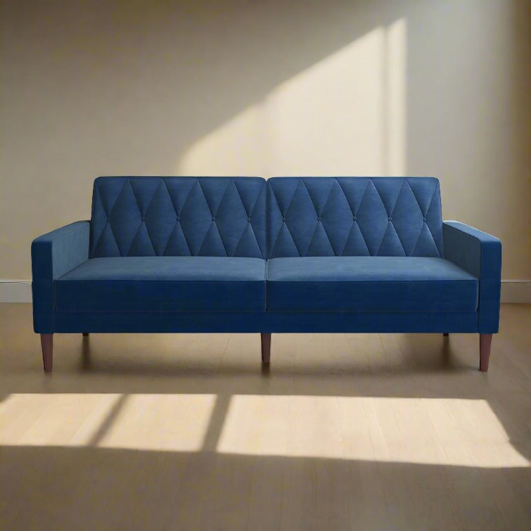 Luster Velvet 3 Seater Convertible Sofa Cum Bed In Imperial Blue Colour
