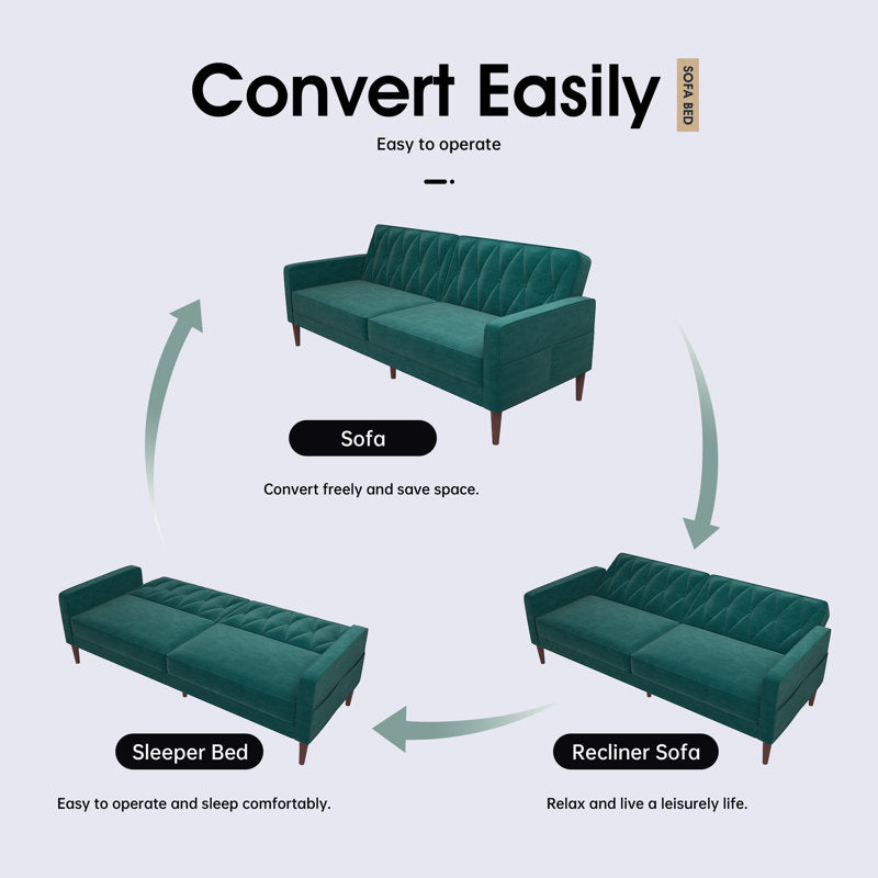 Luster Velvet 3 Seater Convertible Sofa Cum Bed In Pine Green Colour