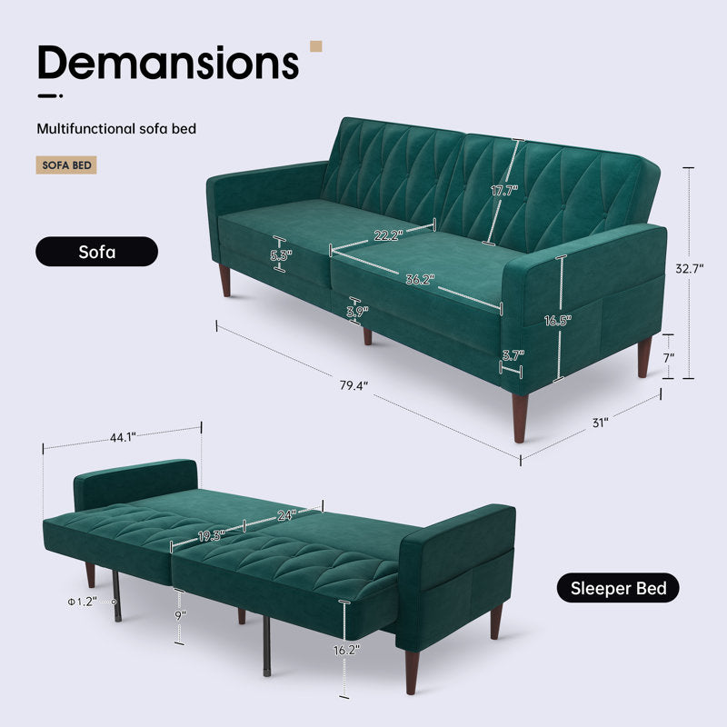 Luster Velvet 3 Seater Convertible Sofa Cum Bed In Pine Green Colour