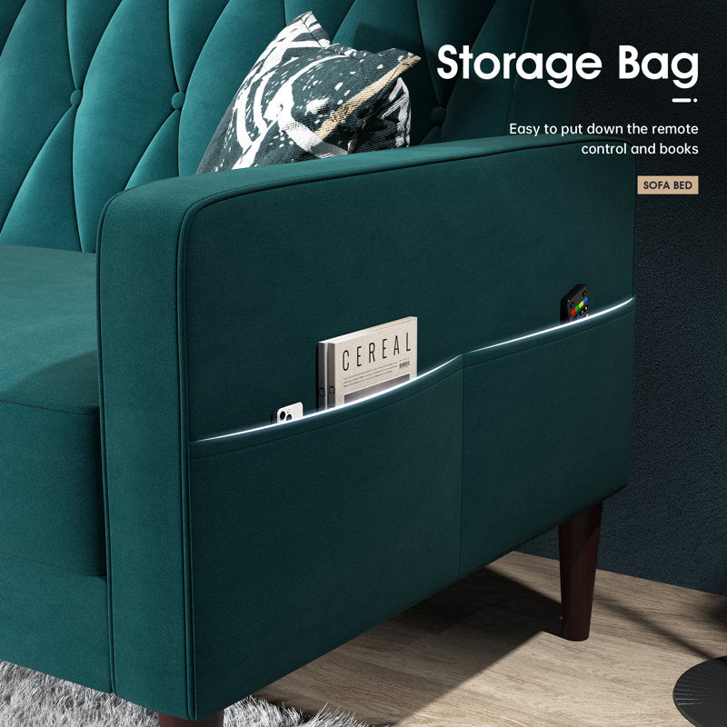 Luster Velvet 3 Seater Convertible Sofa Cum Bed In Pine Green Colour - Febonic Living