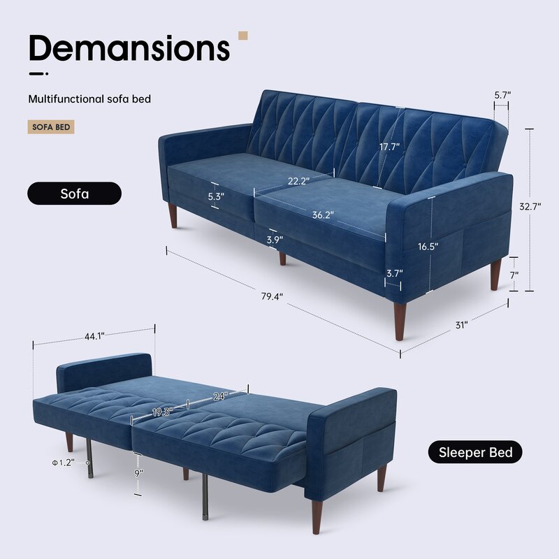 Luster Velvet 3 Seater Convertible Sofa Cum Bed In Imperial Blue Colour - Febonic Living