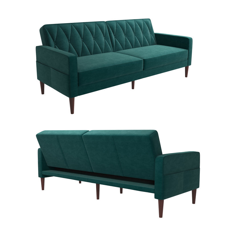 Luster Velvet 3 Seater Convertible Sofa Cum Bed In Pine Green Colour