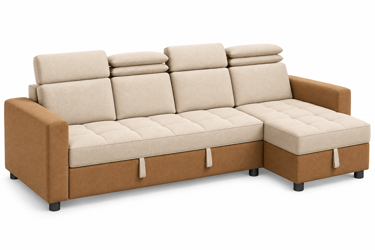 Alba L Shaped Sofa Cum Bed with Storage Lounger – Tan Beige