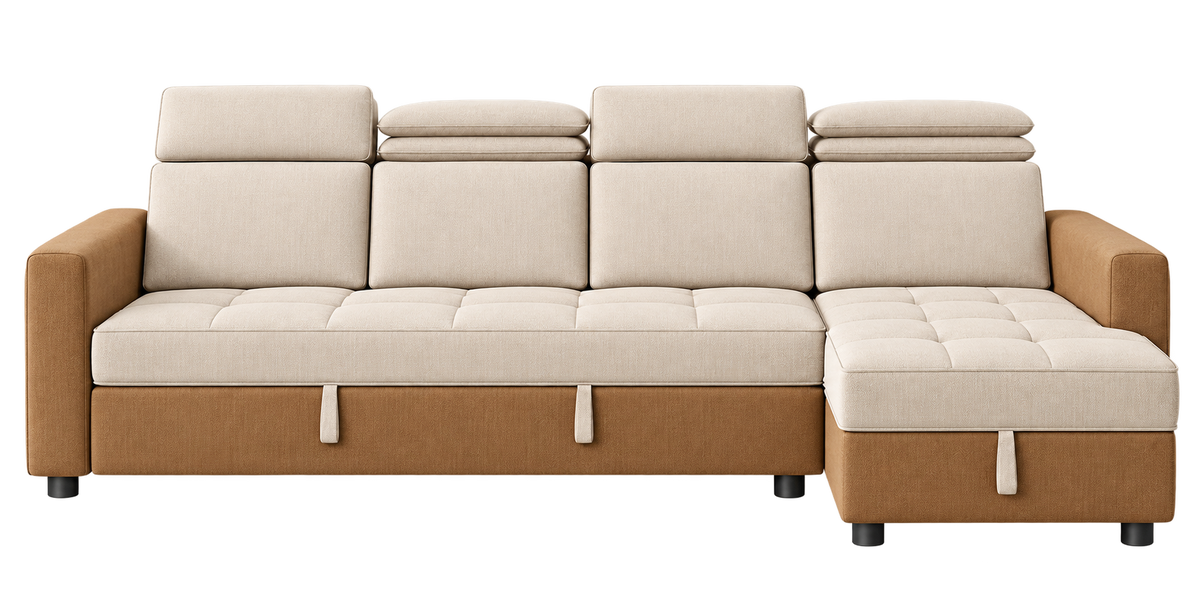 Alba L Shaped Sofa Cum Bed with Storage Lounger – Tan Beige