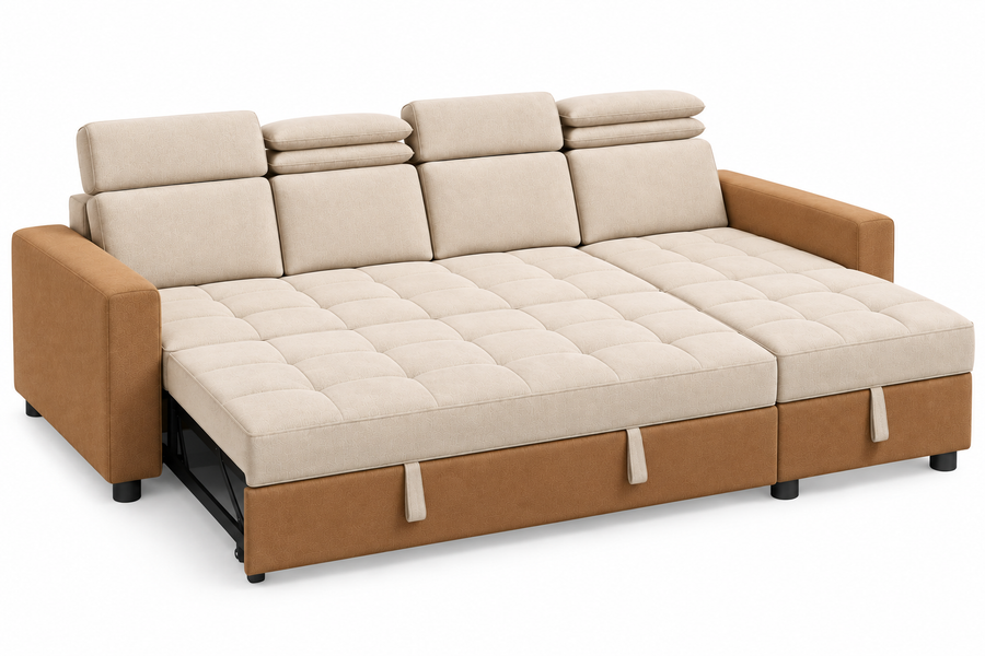 Alba L Shaped Sofa Cum Bed with Storage Lounger – Tan Beige