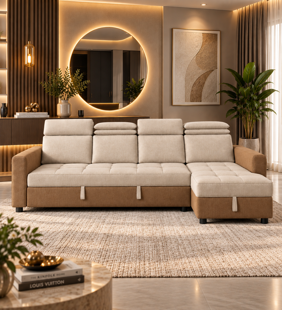 Alba L Shaped Sofa Cum Bed with Storage Lounger – Tan Beige