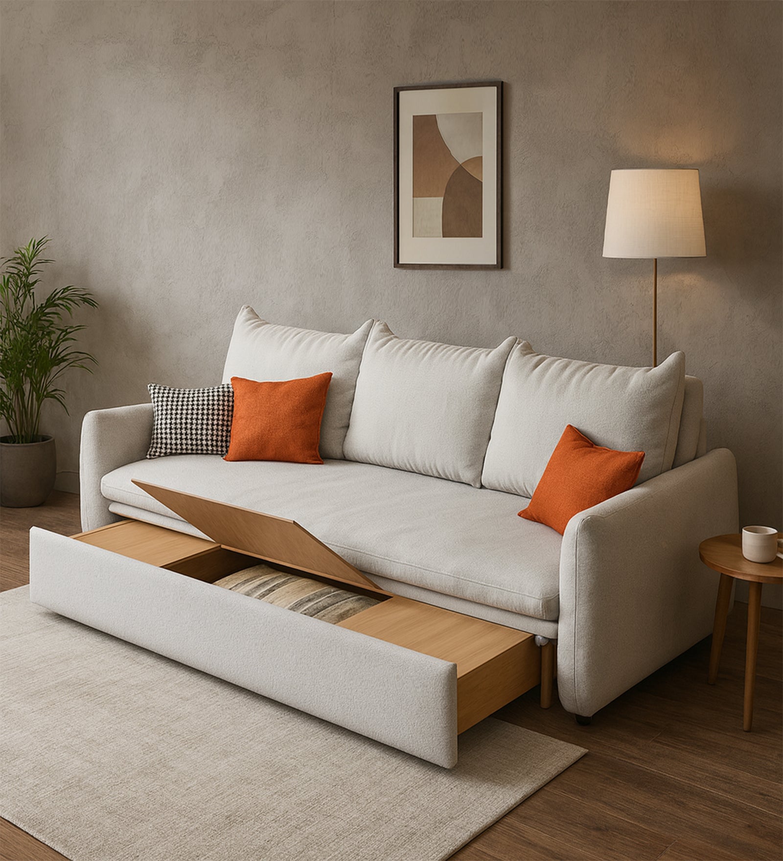 Allison Fabric 3 Seater Pull Out Sofa Cum Bed In Shell White Colour