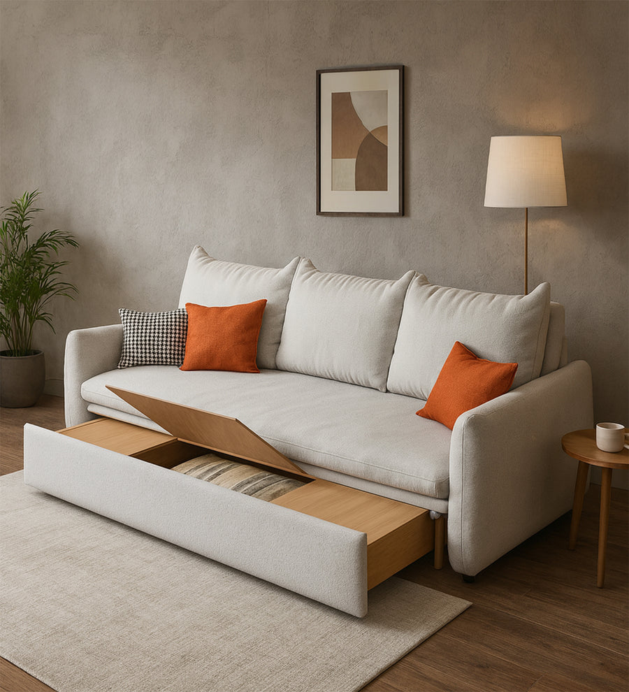 Allison Fabric 3 Seater Pull Out Sofa Cum Bed In Bright White Colour - Febonic Living