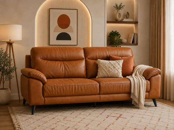 Alora 3-Seater Leatherette Sofa – Cognac Brown