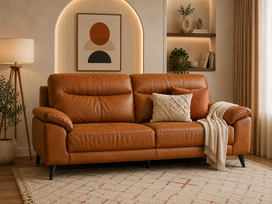 Alora 3-Seater Leatherette Sofa – Cognac Brown - Living View by Febonic Living