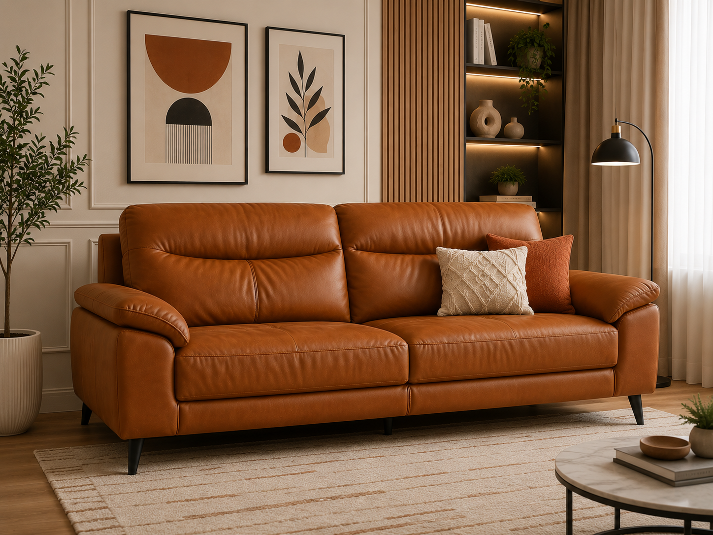 Alora 3-Seater Leatherette Sofa – Cognac Brown - Living View 1 by Febonic Living