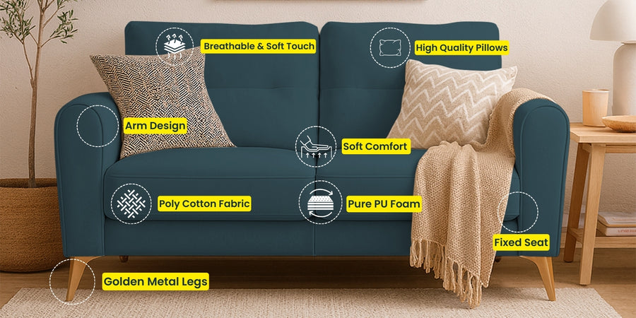 Alpine Fabric 2 Seater Sofa In Sea Blue Colour - Febonic Living
