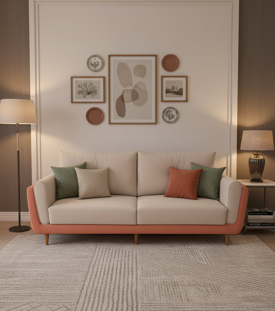 Morry Dual Fabric 3 Seater Sofa In Camel And Carmel Beige Colour