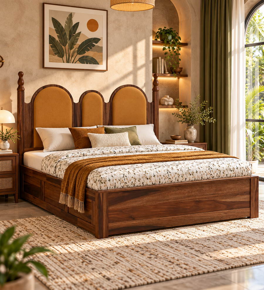 Antar Sheesham Wood King Size Bed With Box Storage In Provincial Teak Finish