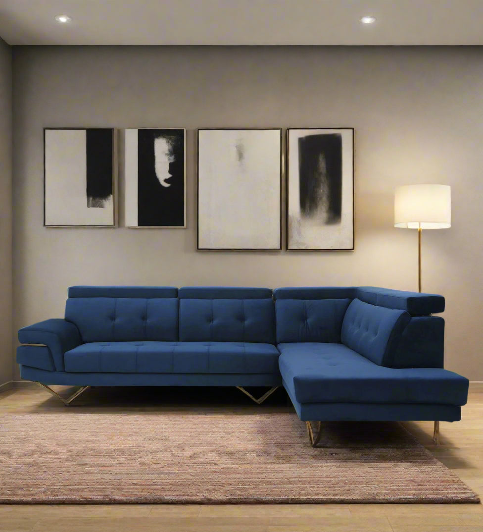 Antony Velvet LHS Sectional Sofa (3+Lounger) In Imperial Blue Colour