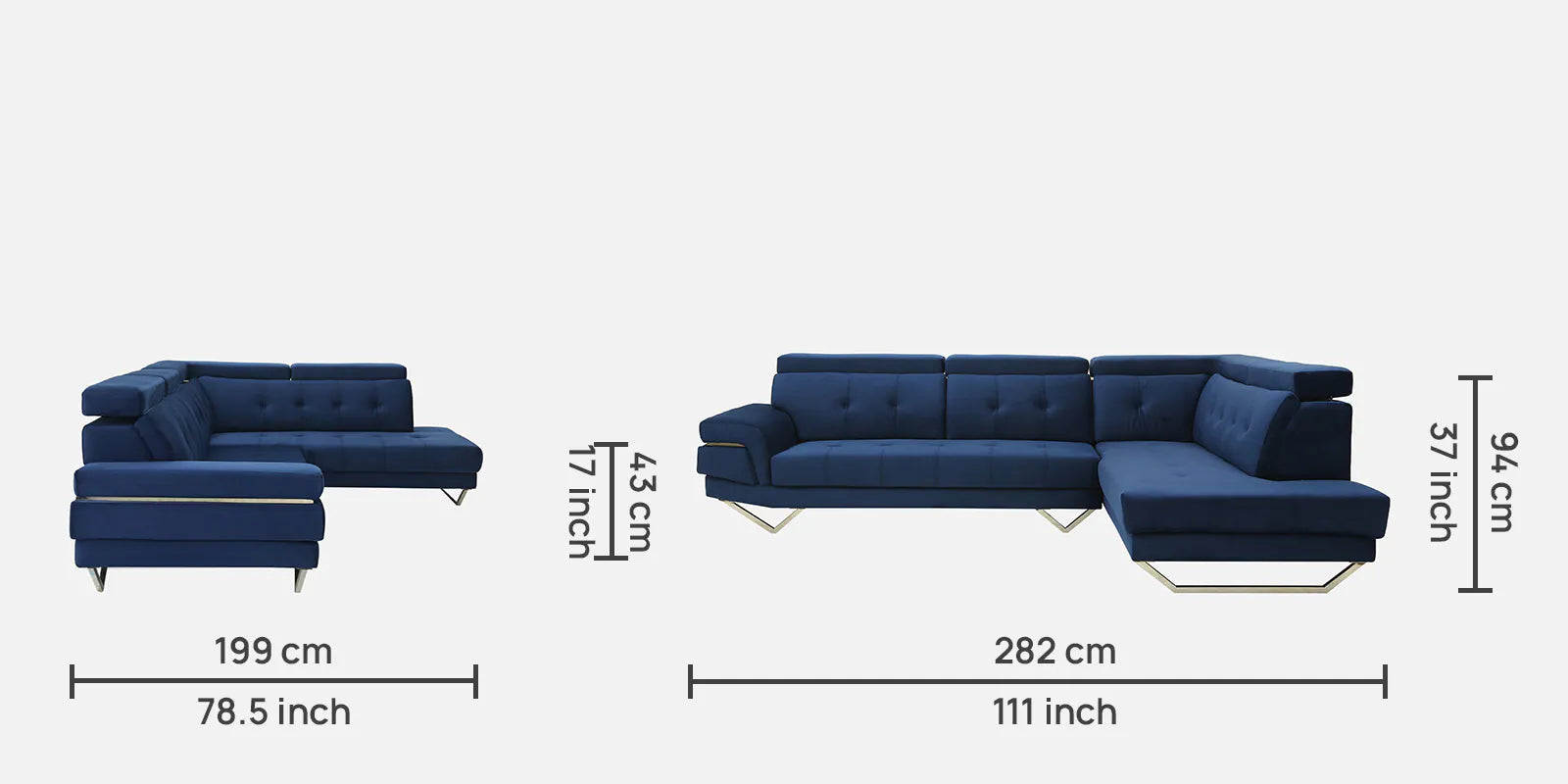 Antony Velvet LHS Sectional Sofa (3+Lounger) In Imperial Blue Colour