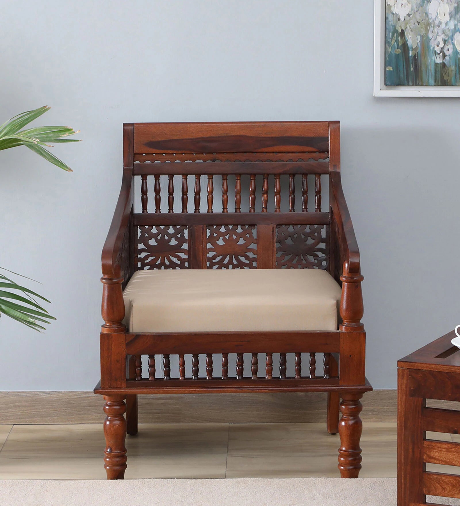 Gati Sheesham Wood 1 Seater Sofa In Honey Oak Finish - Febonic Living