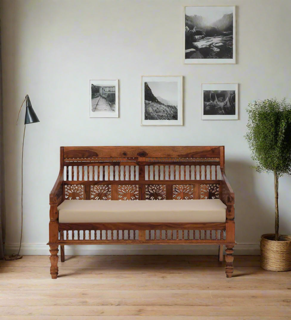 Gati Sheesham Wood 2 Seater Sofa In Honey Oak Finish - Febonic Living
