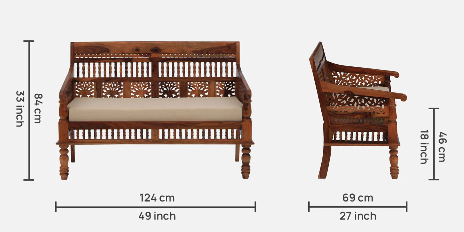 Gati Sheesham Wood 2 Seater Sofa In Honey Oak Finish - Febonic Living