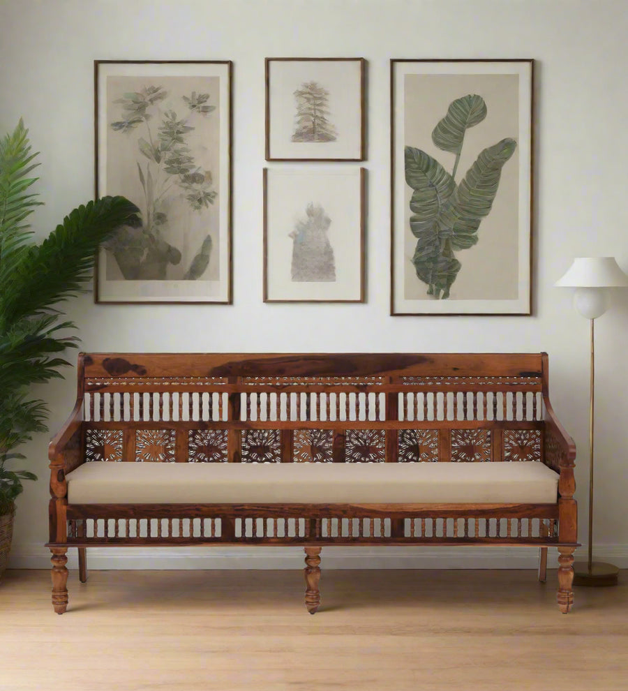 Gati Sheesham Wood 3 Seater Sofa In Honey Oak Finish by Febonic Living