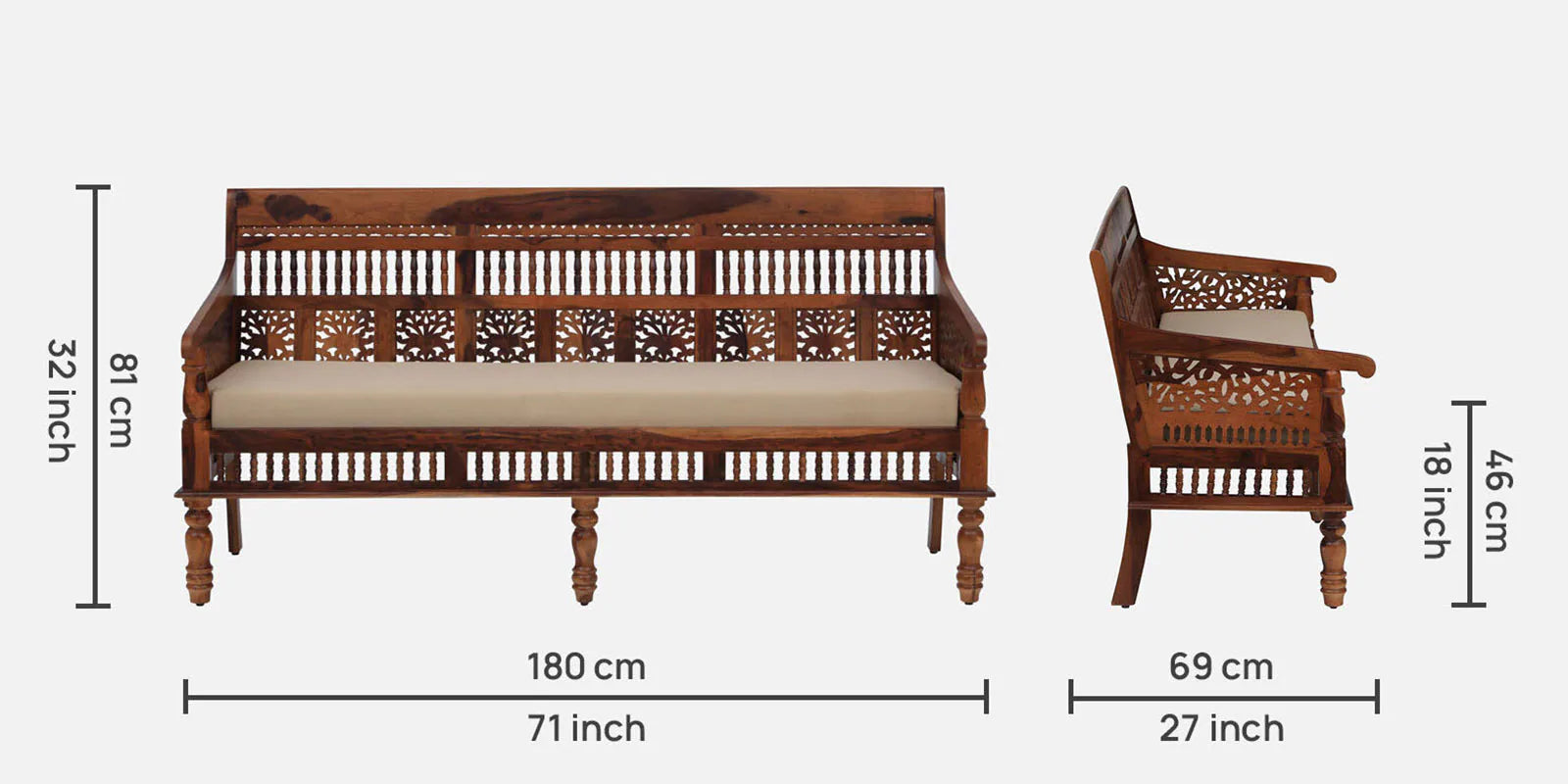Gati Sheesham Wood 3 Seater Sofa In Honey Oak Finish - Febonic Living