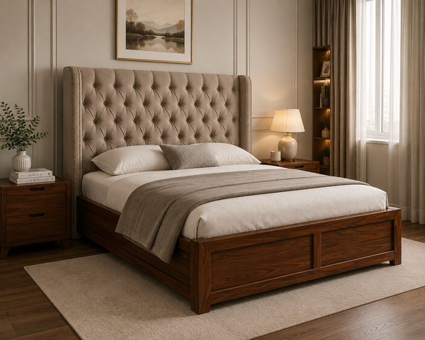 Arden Chesterfield Solid Wood King Size Bed with Fabric Headboard - Beige