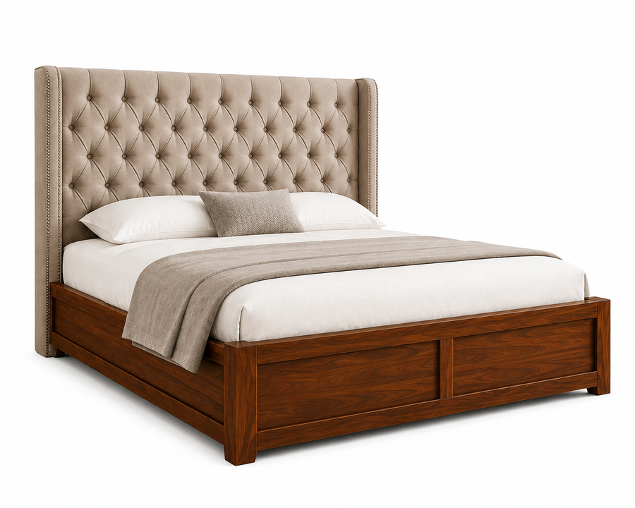 Arden Chesterfield Solid Wood King Size Bed with Fabric Headboard - Beige - Side View by Febonic Living 