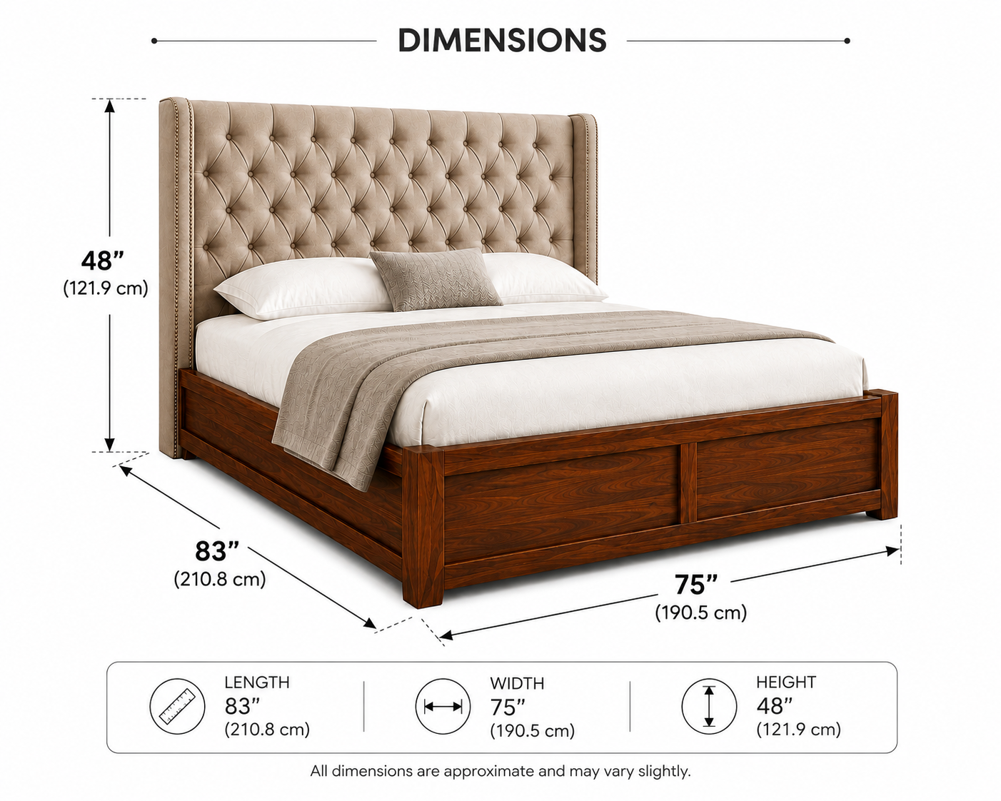 Arden Chesterfield Solid Wood King Size Bed with Fabric Headboard - Beige - Dimensions by Febonic Living 