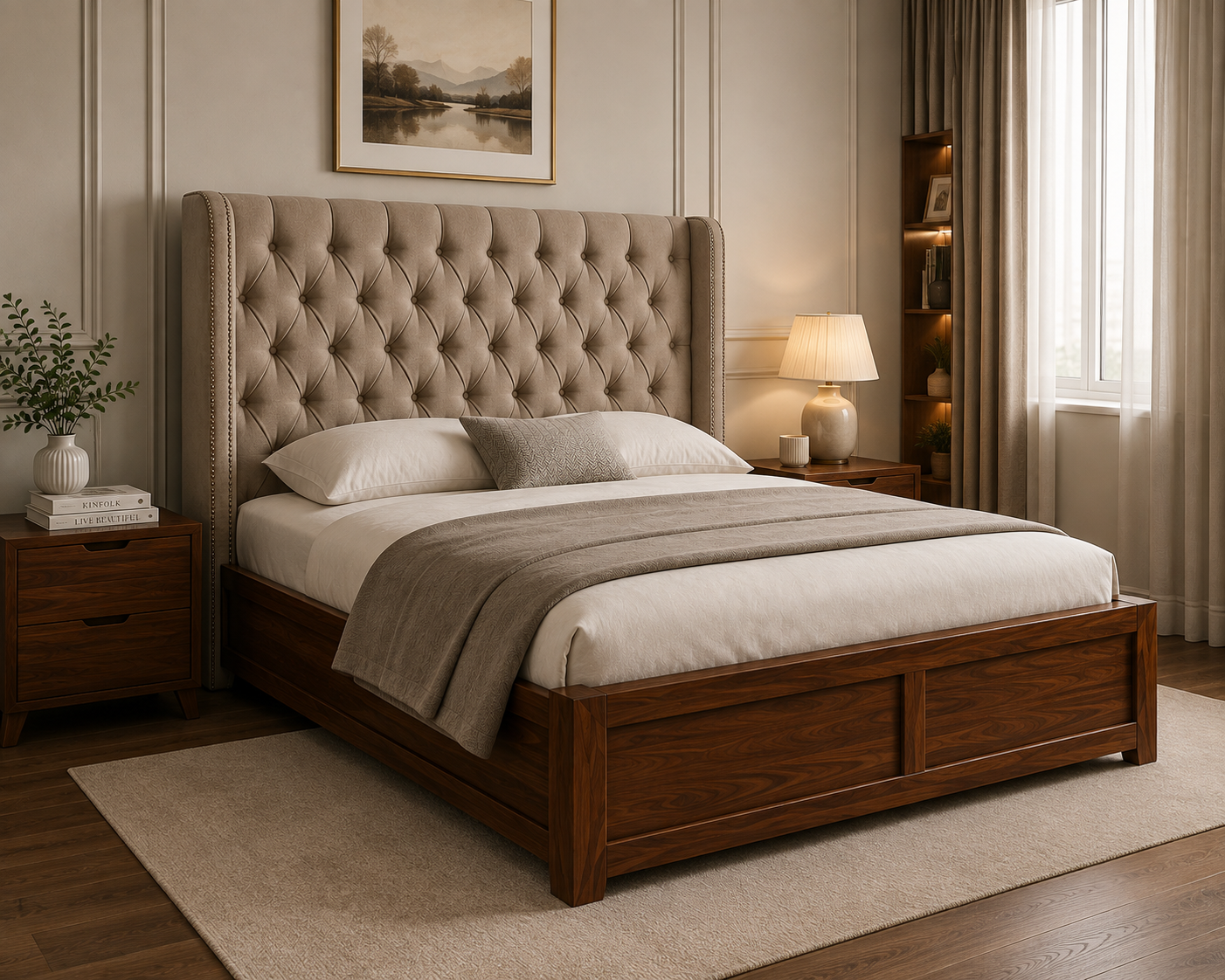 Arden Chesterfield Solid Wood Queen Size Bed with Fabric Headboard - Beige - Bedroom Image by Febonic Living 