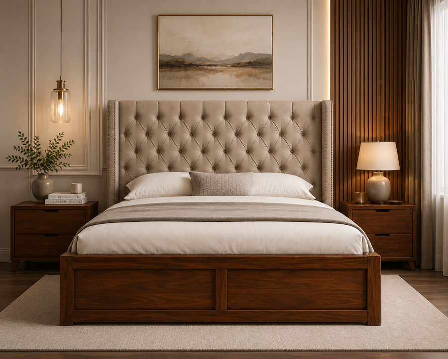 Arden Chesterfield Solid Wood Queen Size Bed with Fabric Headboard - Beige - Bedroom View by Febonic Living 