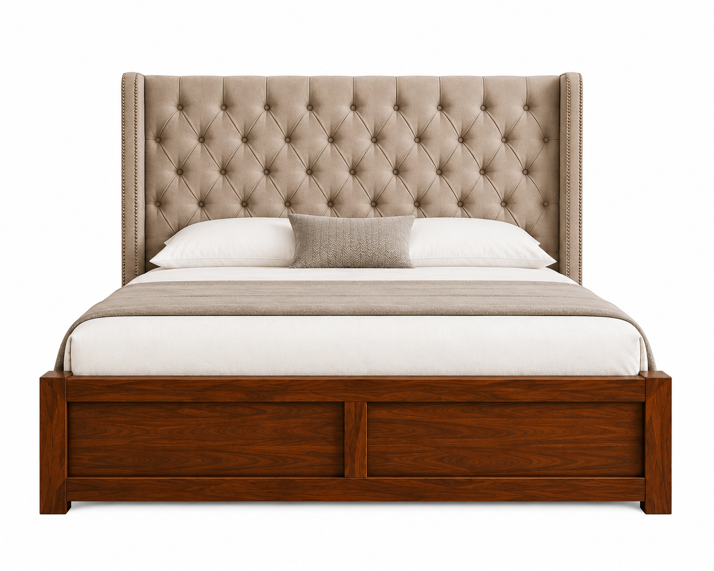 Arden Chesterfield Solid Wood Queen Size Bed with Fabric Headboard - Beige - Clear Image by Febonic Living 