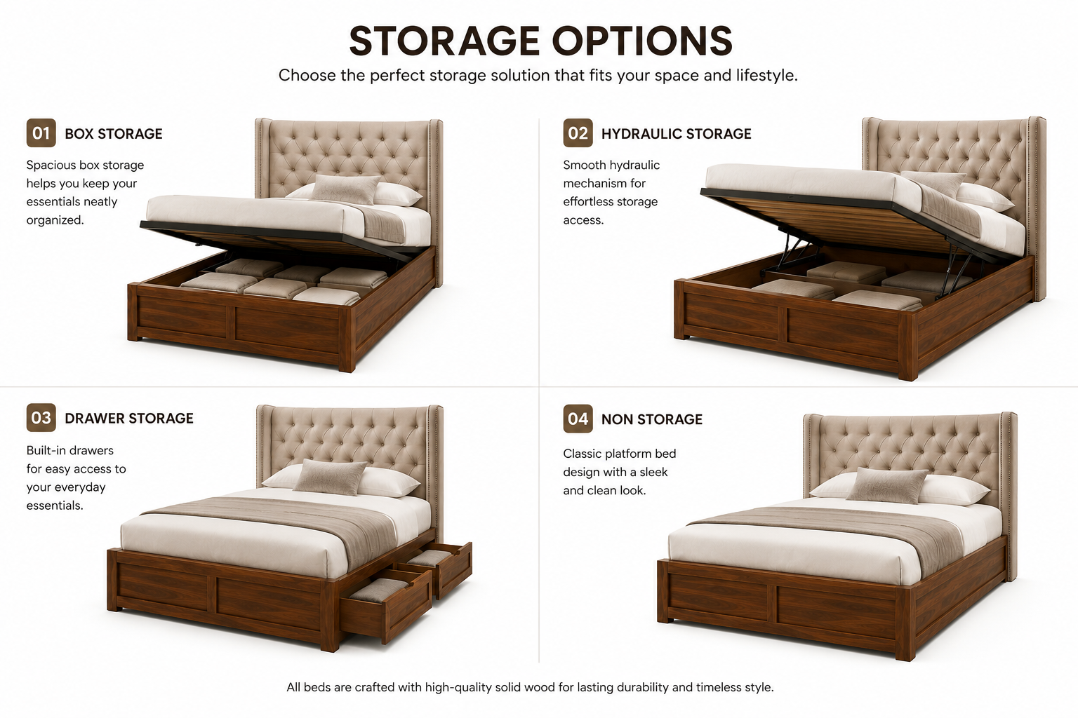Arden Chesterfield Solid Wood Queen Size Bed with Fabric Headboard - Beige - Storage Options by Febonic Living 