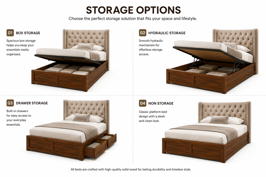 Arden Chesterfield Solid Wood Queen Size Bed with Fabric Headboard - Beige - Storage Options by Febonic Living 
