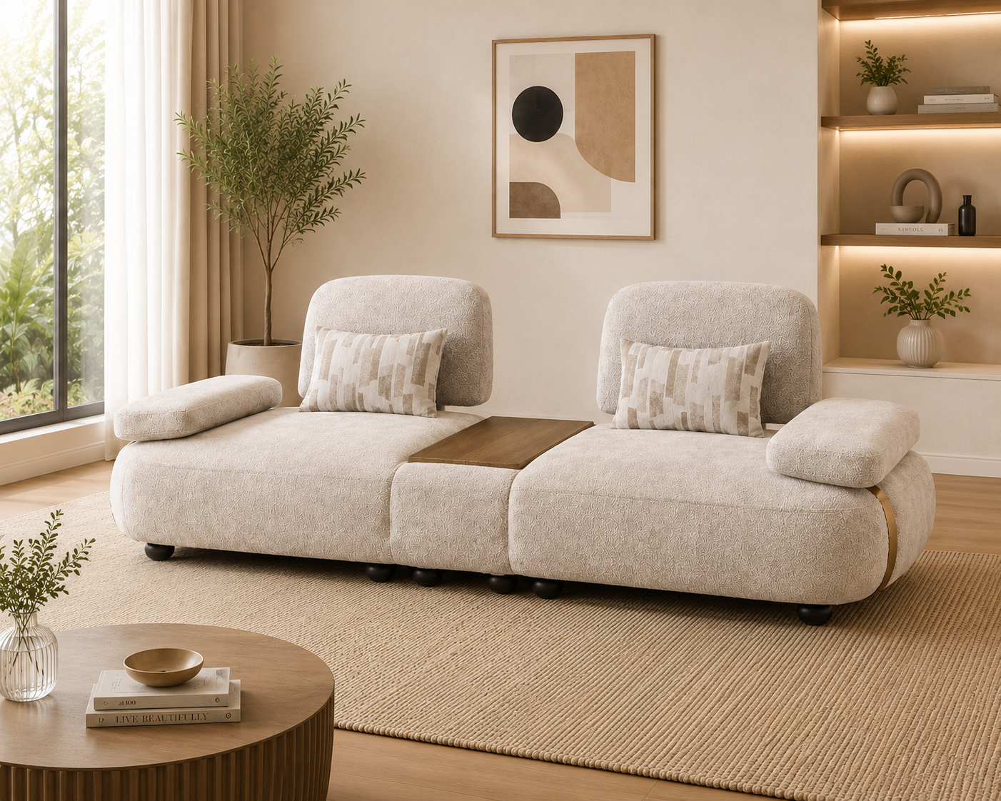 Aria Boucle 3 Seater Lounge Sofa with Walnut Center Table - Cream Beige - Living View by Febonic Living