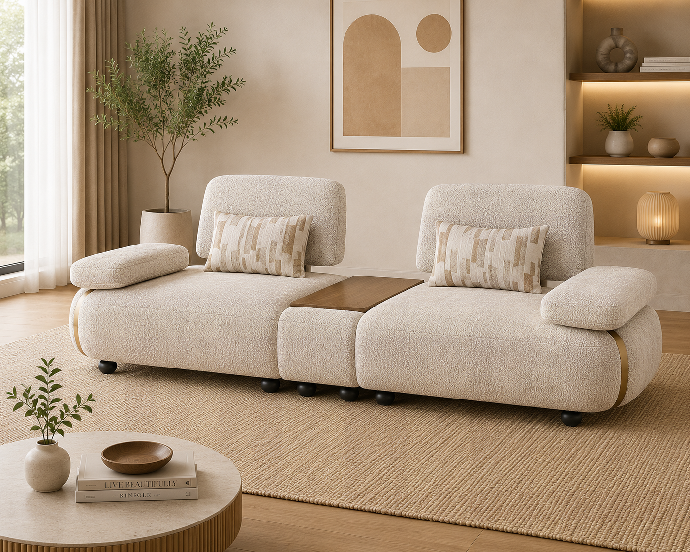 Aria Boucle 3 Seater Lounge Sofa with Walnut Center Table - Cream Beige - Living View 1 by Febonic Living