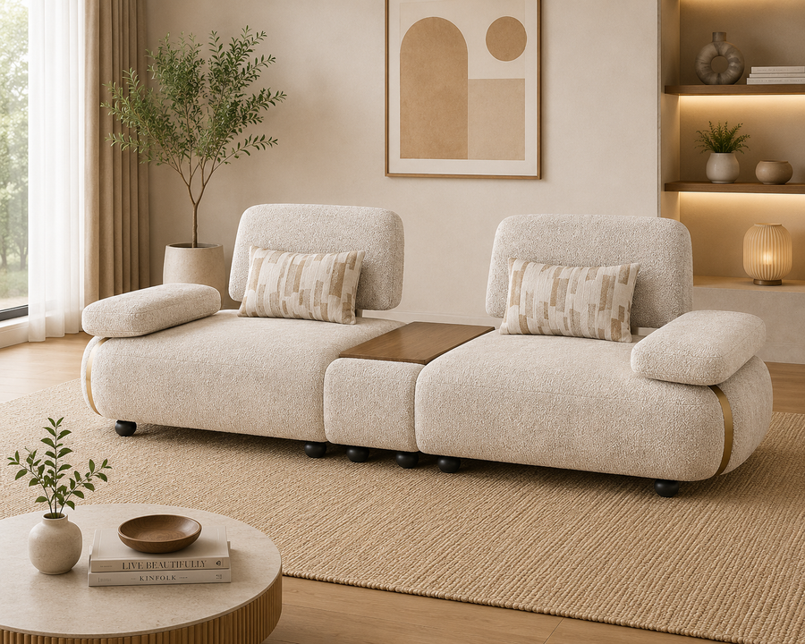 Aria Boucle 3 Seater Lounge Sofa with Walnut Center Table - Cream Beige - Living View 1 by Febonic Living