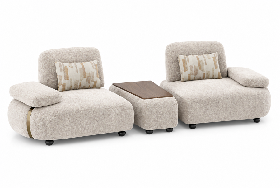 Aria Boucle 3 Seater Lounge Sofa with Walnut Center Table - Cream Beige - Clear View by Febonic Living
